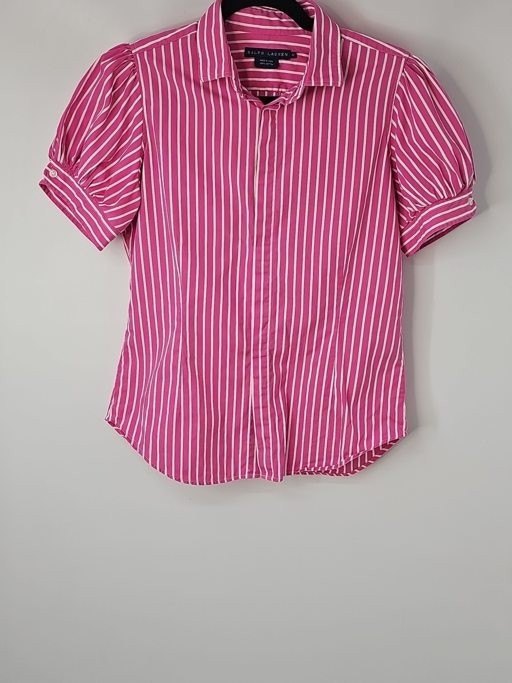 Ralph Lauren Pink Striped‎ 100% Cotton Puff Sleeved Button Front Blouse Classic - Picture 9 of 9